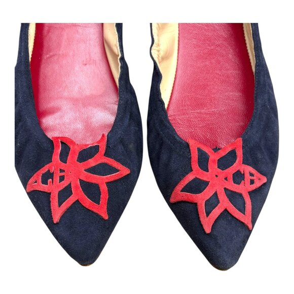 CAROLINA HERRERA Navy Blue Suede with Red Leather Pointy Ballet Flats - Picture 8 of 11